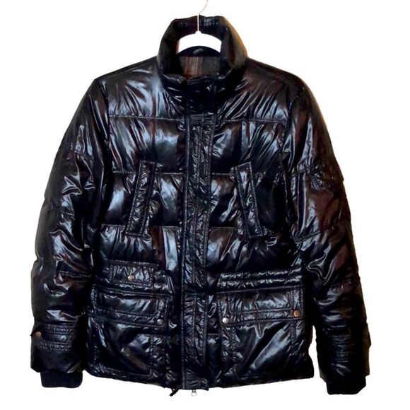 Down Black High Gloss Puffer Coat With Wool Flannel Italian Size 4 - Picture 1 of 16